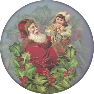4 Inch Round Ceramic Coaster Set, Historic Santa with Child and Greenery, 2 Sets of 4, 8 Pieces
