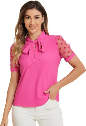 Allegra K Women's Bow Tie Neck V Neck Stand Collar Short Mesh Sleeve Blouse