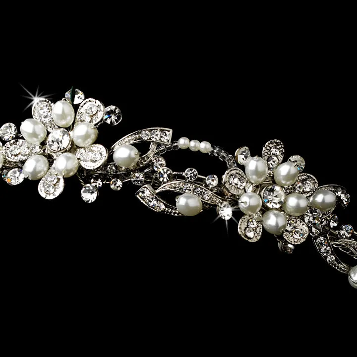 Antique Silver, Crystal Pearl Flower Headband
