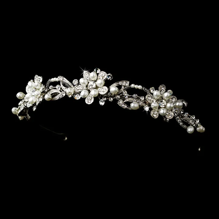 Antique Silver, Crystal Pearl Flower Headband
