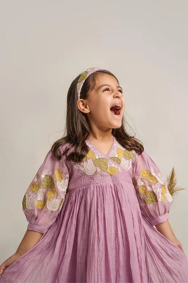 Baby Beluga- Lavender Chanderi Silk Hand Embroidered Puffed Sleeves Dress for Girls