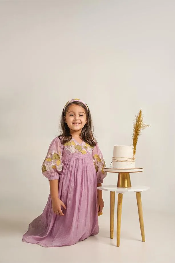 Baby Beluga- Lavender Chanderi Silk Hand Embroidered Puffed Sleeves Dress for Girls