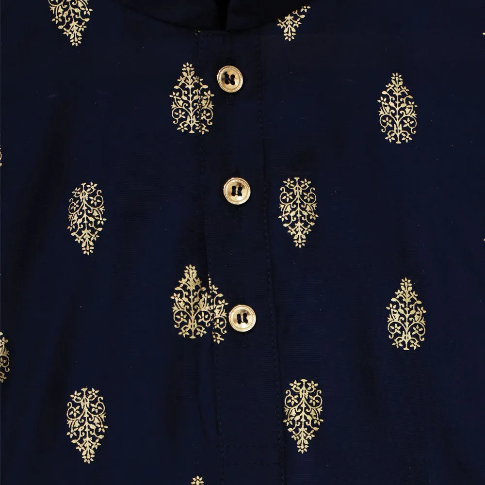 Blue Block Printed Kurta With Beige Pajama