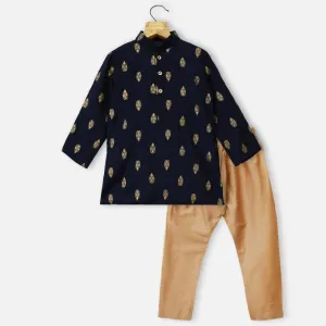 Blue Block Printed Kurta With Beige Pajama