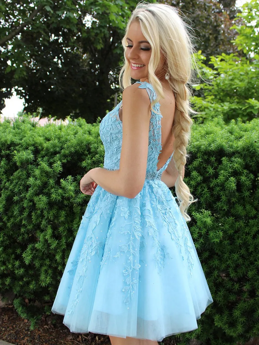 Blue V Neck Lace Appliques Homecoming Short Prom, Lace Blue Graduation, Formal, Evening