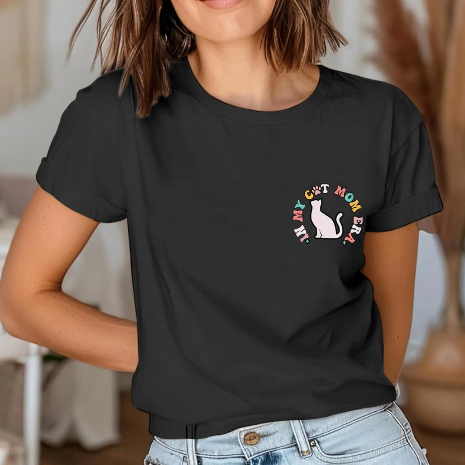 Cat Mama Shirts for Women in My Cat Mom Era T Shirt Funny Graphic Tees Cute Pet Lover Gift Casual Summer Tee Tops