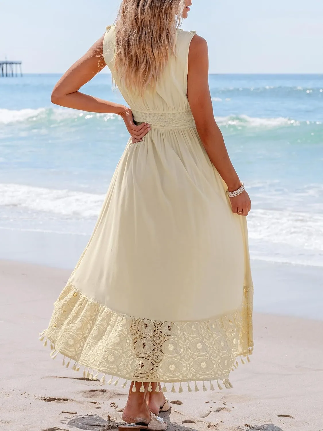 CUPSHE Women's Maxi Dress V Neck Sleeveless Lace Tassel Smocked Waist Cover Up Beach Formal Long Dress