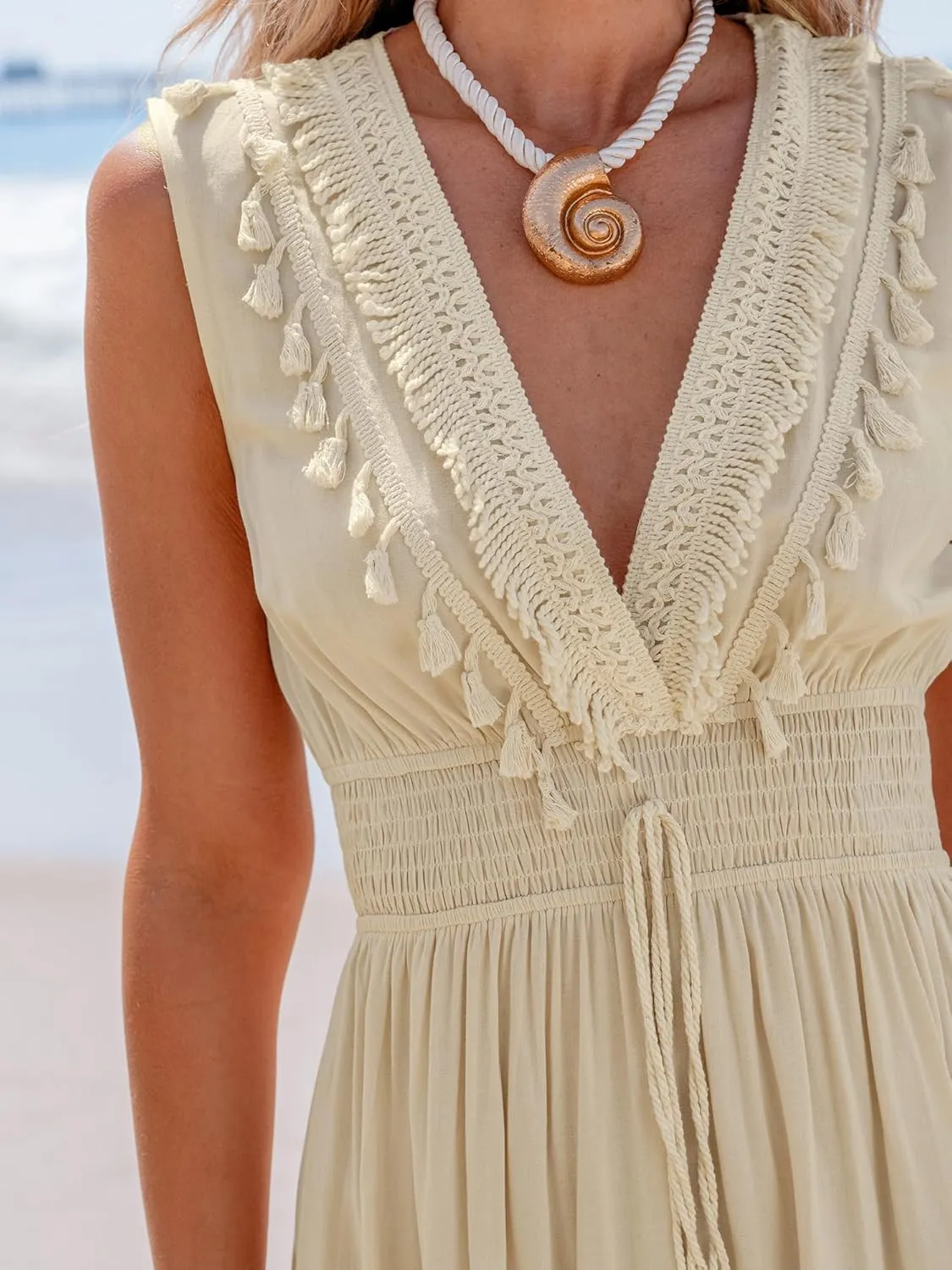 CUPSHE Women's Maxi Dress V Neck Sleeveless Lace Tassel Smocked Waist Cover Up Beach Formal Long Dress