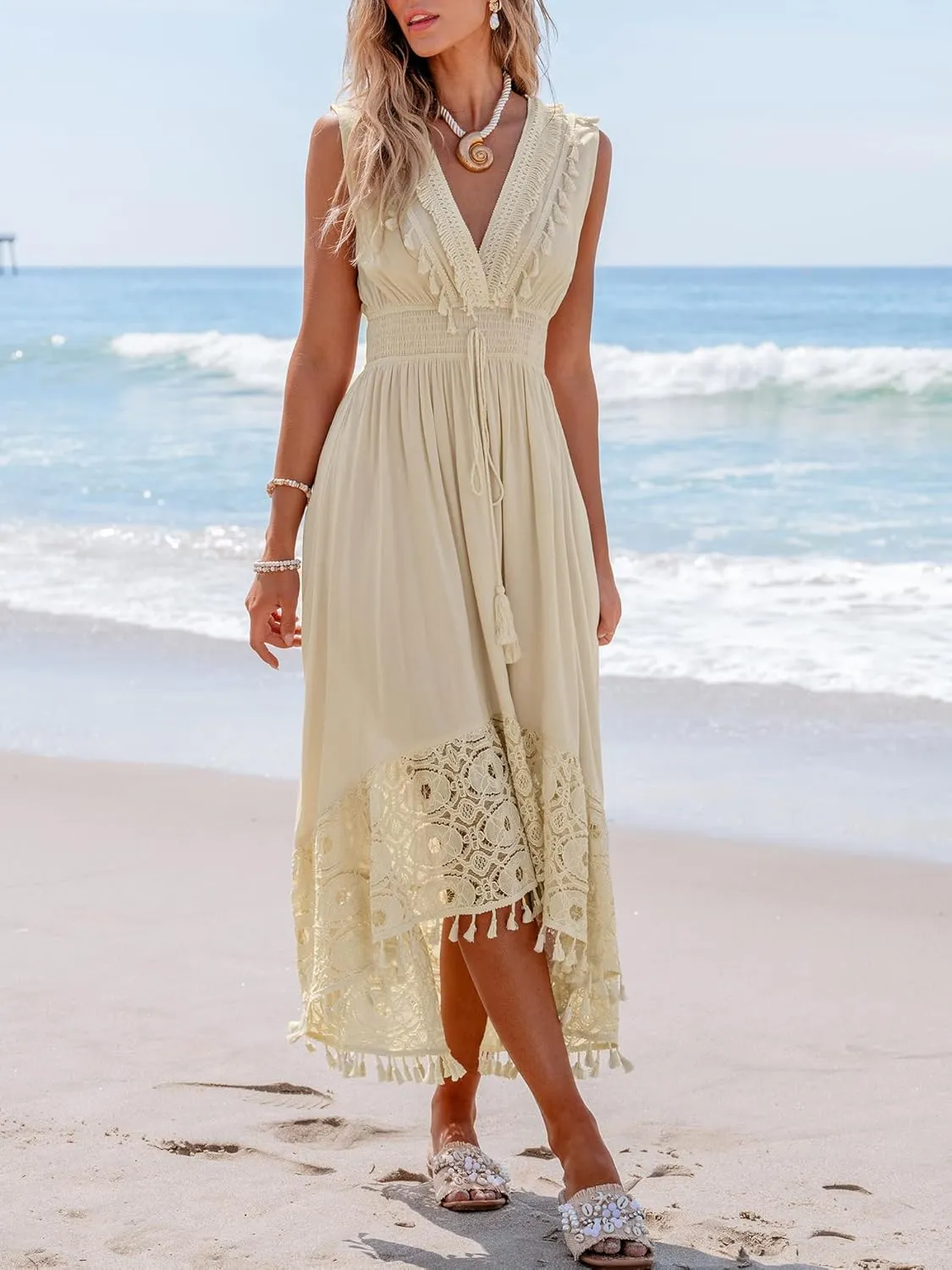 CUPSHE Women's Maxi Dress V Neck Sleeveless Lace Tassel Smocked Waist Cover Up Beach Formal Long Dress