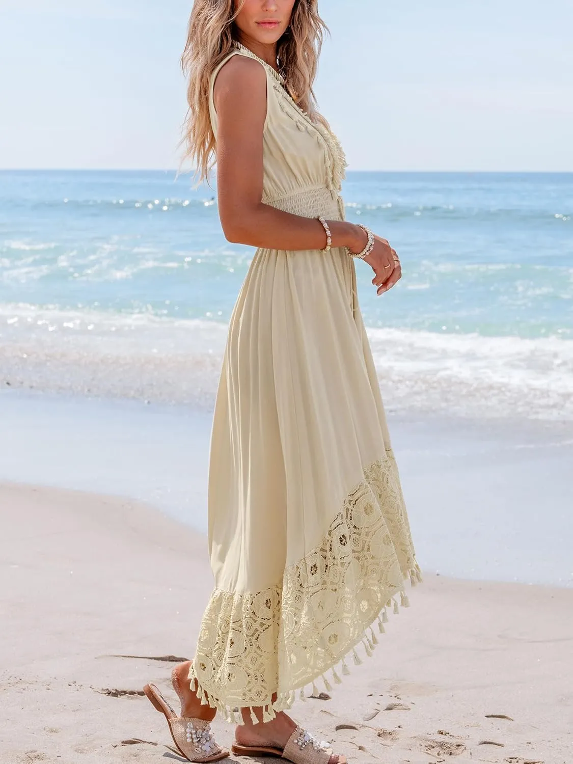 CUPSHE Women's Maxi Dress V Neck Sleeveless Lace Tassel Smocked Waist Cover Up Beach Formal Long Dress