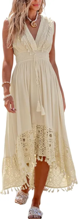 CUPSHE Women's Maxi Dress V Neck Sleeveless Lace Tassel Smocked Waist Cover Up Beach Formal Long Dress