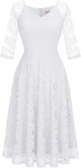 Dressystar Womens Long-Sleeve Wedding Guest Dress A-Line Lace Formal Party Cocktail Midi Dress Prom Gown
