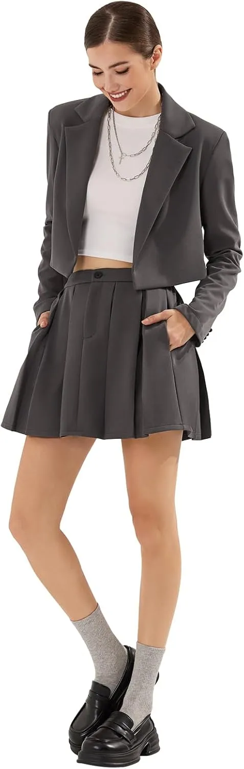 EXLURA Women's Business Casual Blazer Suit Sets and Pleated Mini Skirt 2 Piece Outfits Trendy Long Sleeve Y2K Clothes 2025