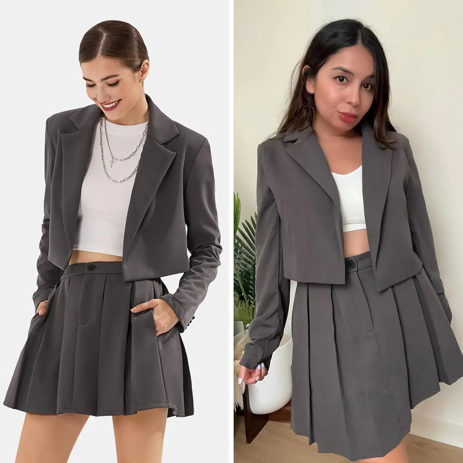 EXLURA Women's Business Casual Blazer Suit Sets and Pleated Mini Skirt 2 Piece Outfits Trendy Long Sleeve Y2K Clothes 2025