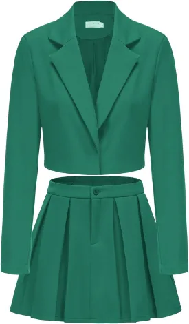 EXLURA Women's Business Casual Blazer Suit Sets and Pleated Mini Skirt 2 Piece Outfits Trendy Long Sleeve Y2K Clothes 2025