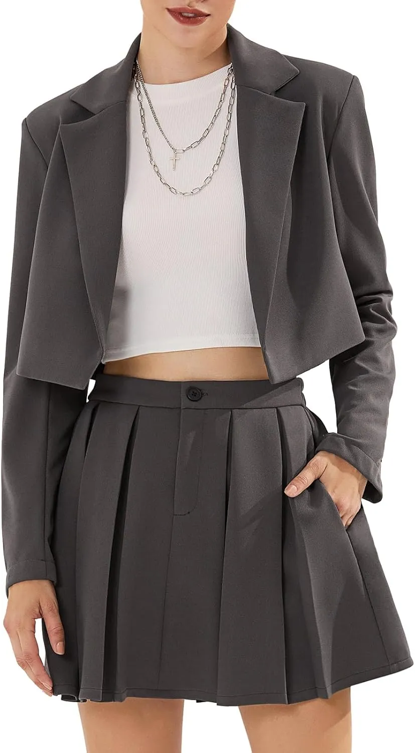 EXLURA Women's Business Casual Blazer Suit Sets and Pleated Mini Skirt 2 Piece Outfits Trendy Long Sleeve Y2K Clothes 2025