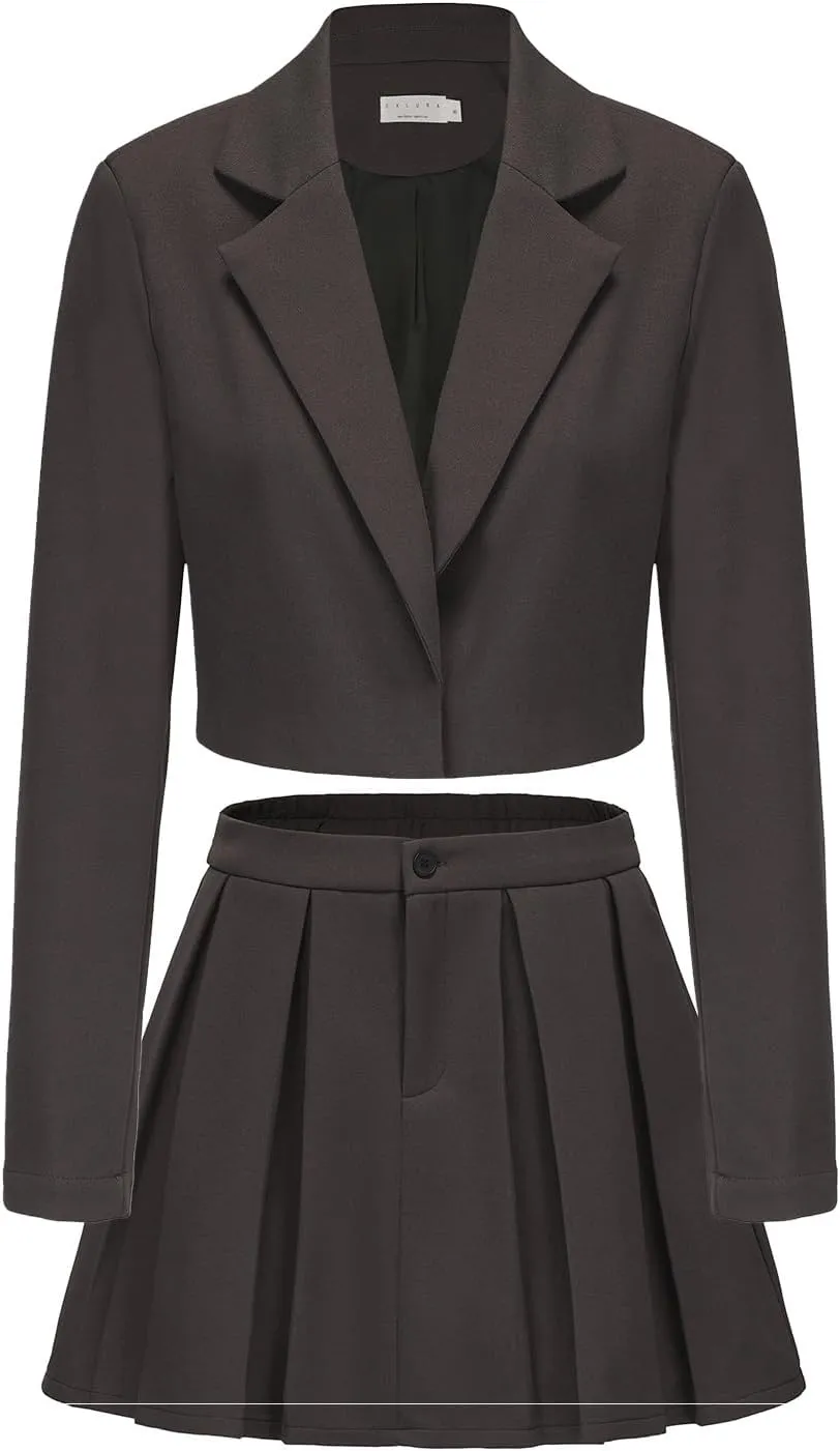EXLURA Women's Business Casual Blazer Suit Sets and Pleated Mini Skirt 2 Piece Outfits Trendy Long Sleeve Y2K Clothes 2025