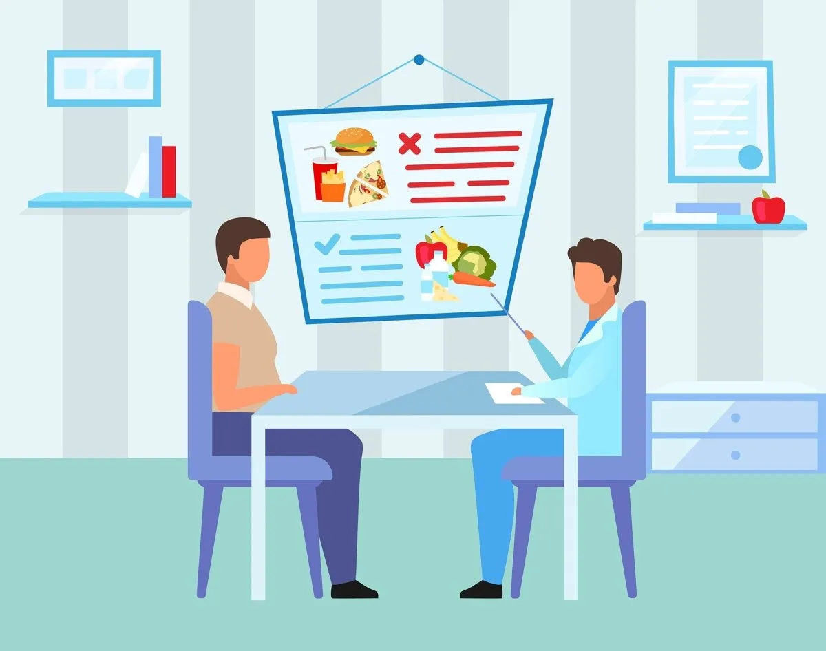 Family visiting nutritionist flat vector illustrations set