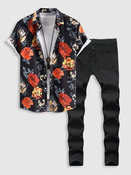 Floral Printed Shirt And Ripped Jeans