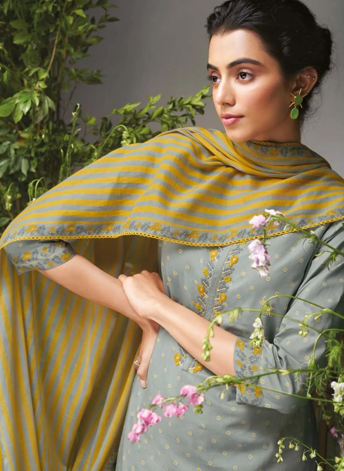 Ganga Pure Cotton Grey Unstitched Suit Dress material for Women