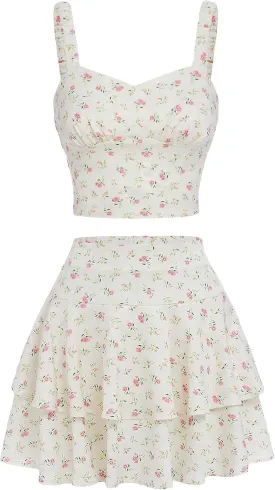 Girl's 2 Piece Floral Print Sleeveless Shirred Cami Top and Tiered Layer Ruffle Hem Skirt Sets