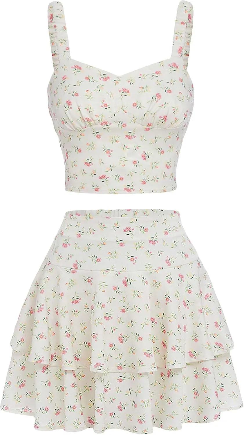 Girl's 2 Piece Floral Print Sleeveless Shirred Cami Top and Tiered Layer Ruffle Hem Skirt Sets
