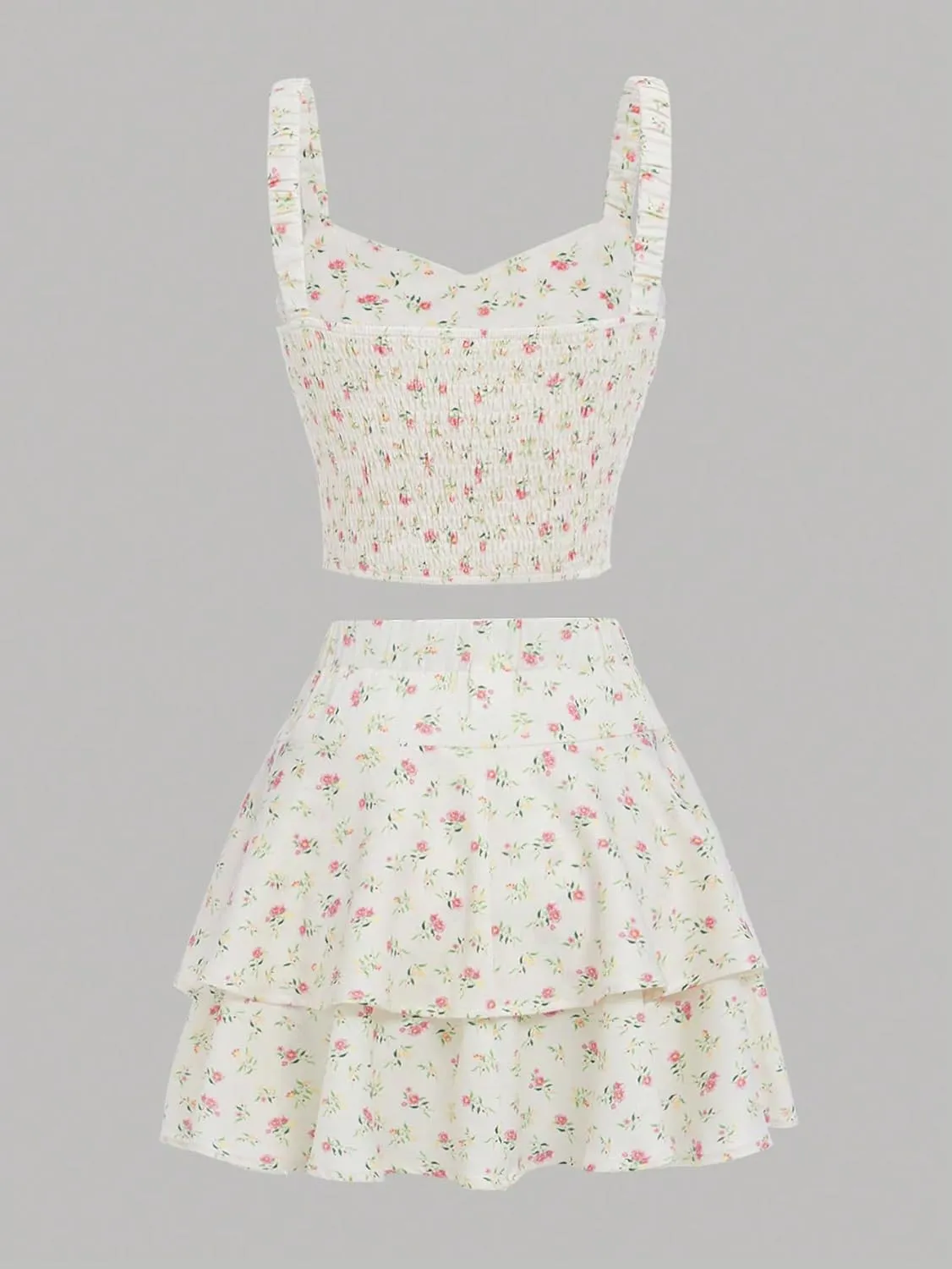 Girl's 2 Piece Floral Print Sleeveless Shirred Cami Top and Tiered Layer Ruffle Hem Skirt Sets