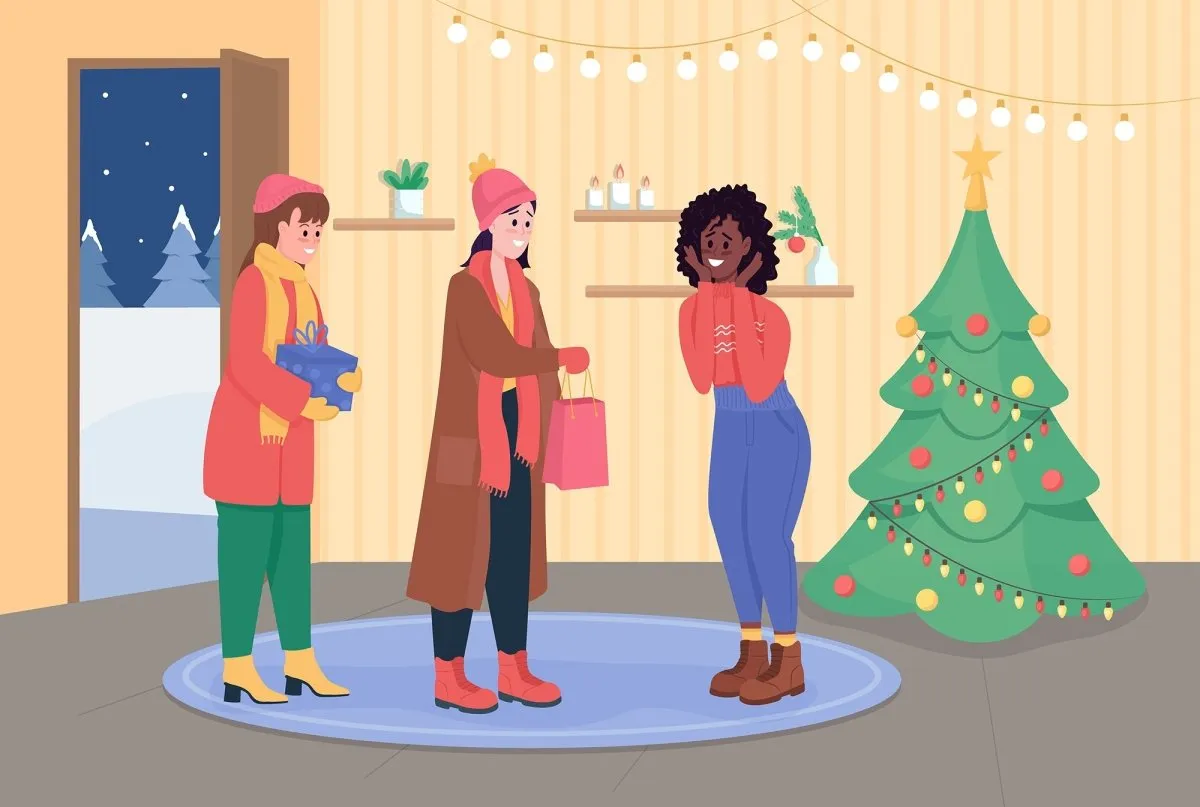Giving gifts color vector illustration set