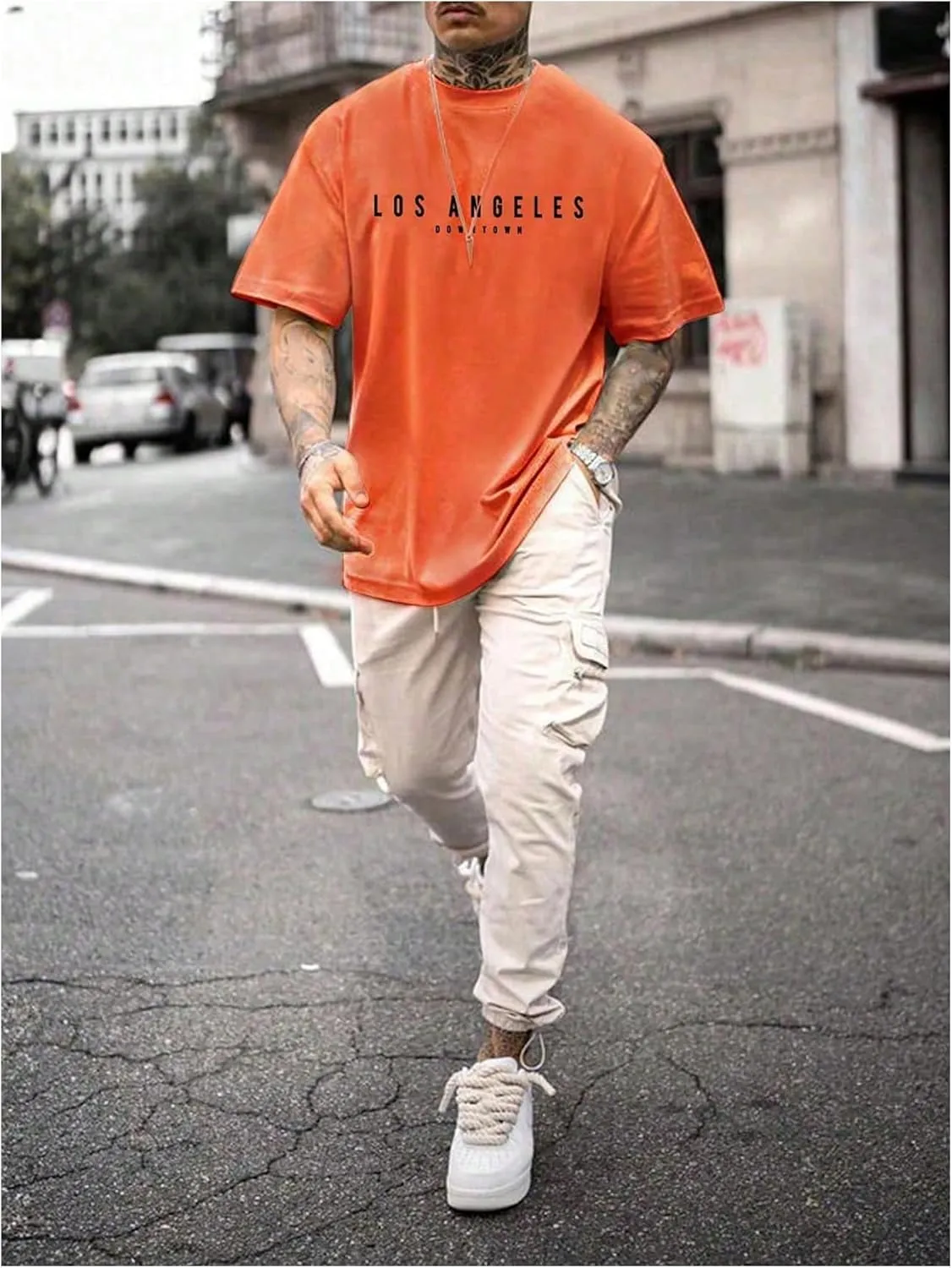 GORGLITTER Men's Crewneck T Shirt Letter Graphic Short Sleeve Casual Drop Shoulder Oversized Tee