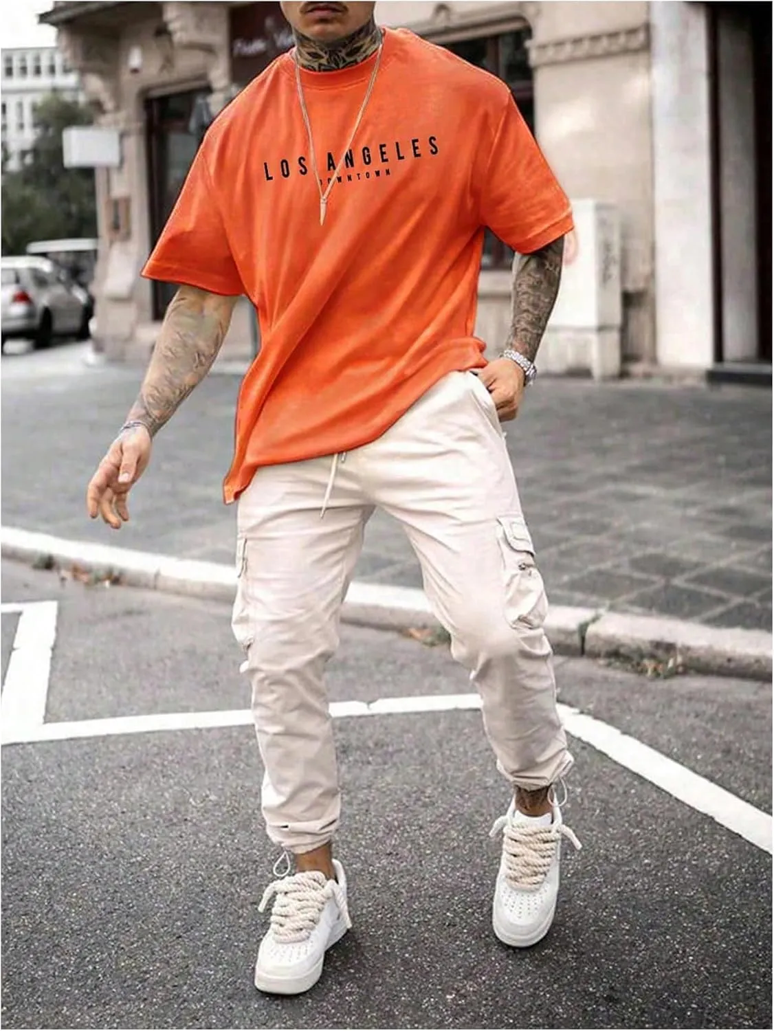 GORGLITTER Men's Crewneck T Shirt Letter Graphic Short Sleeve Casual Drop Shoulder Oversized Tee