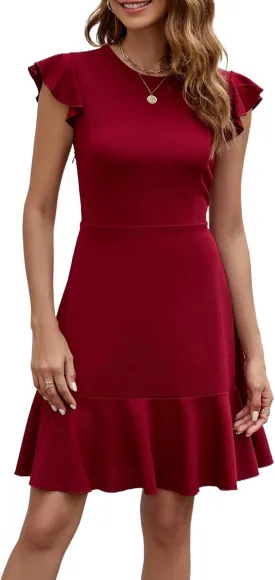HELYO Women's Summer Elegant Cocktail Club Dress Ruffle Hem Short Flutter Sleeve Fit and Flare A-Line Casual Dresses 619