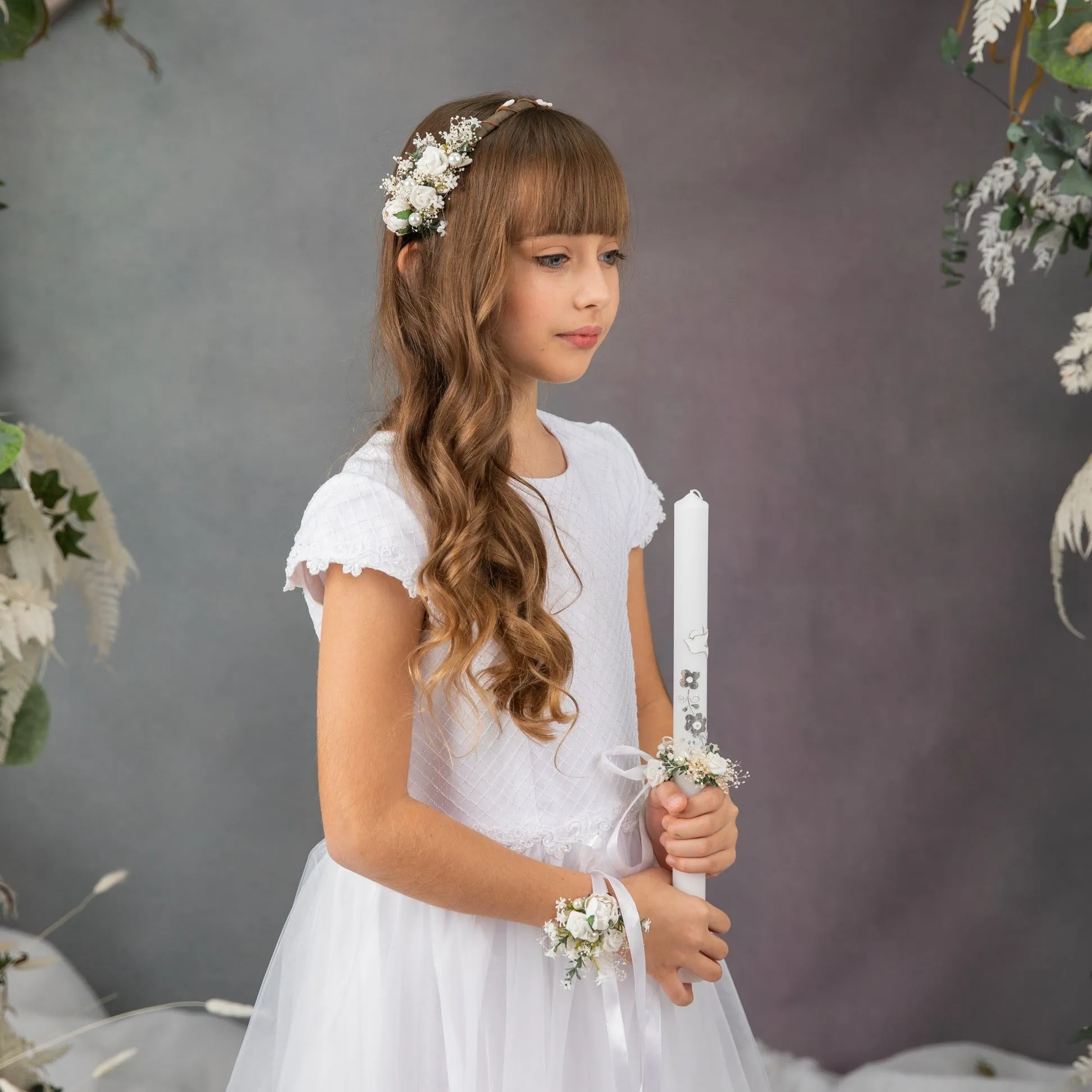 Holy communion flower set - headband, bracelet, candle decoration