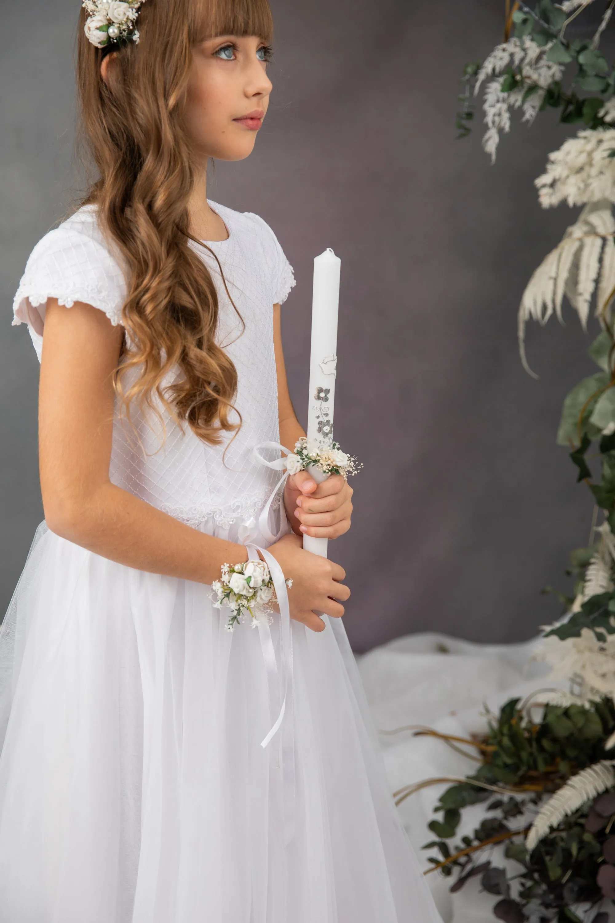 Holy communion flower set - headband, bracelet, candle decoration