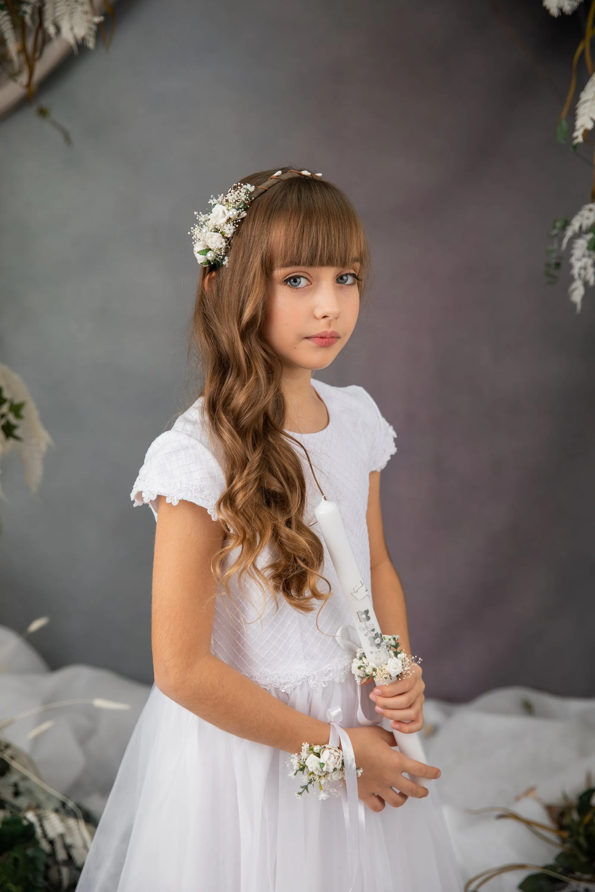 Holy communion flower set - headband, bracelet, candle decoration