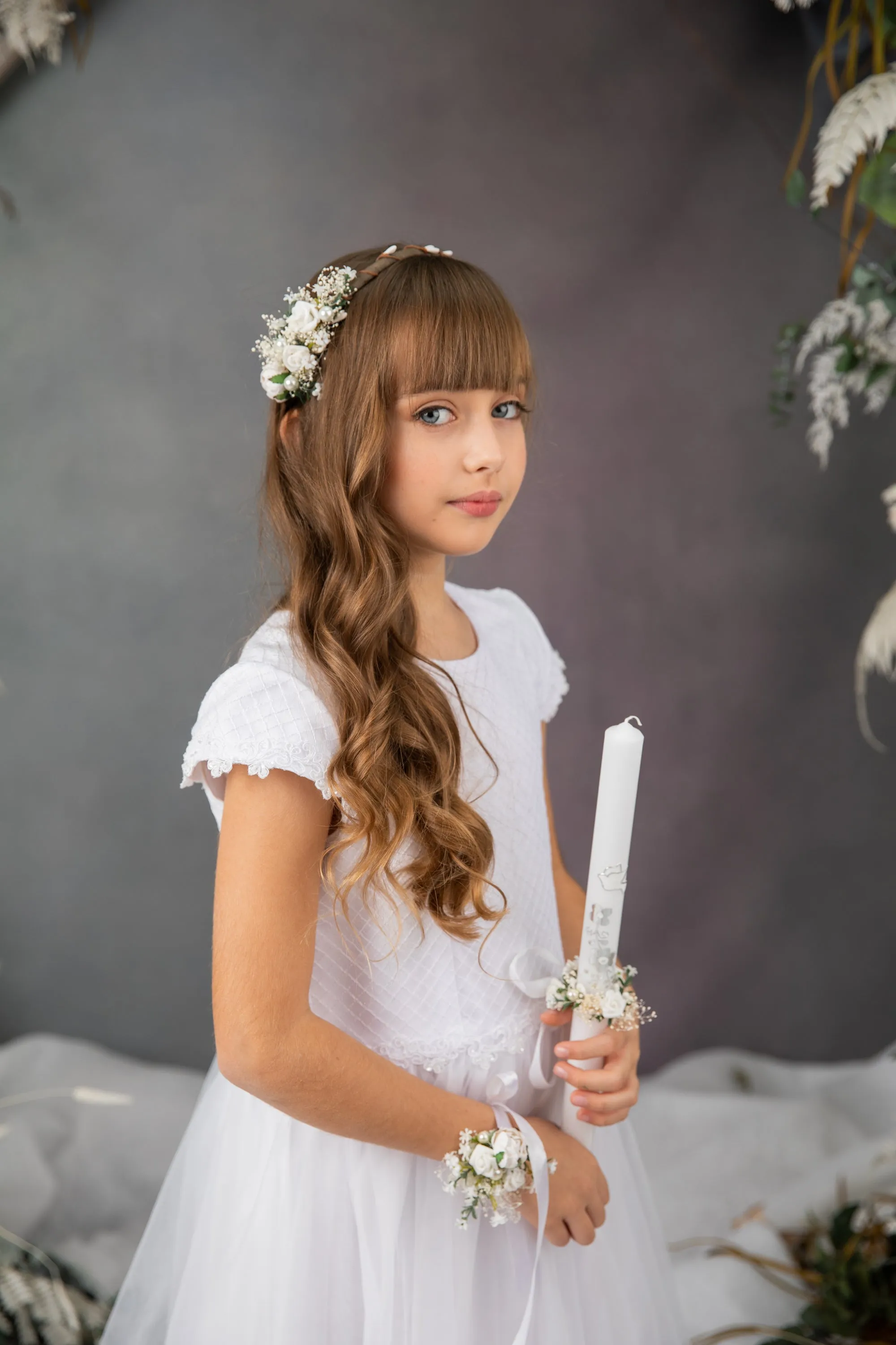 Holy communion flower set - headband, bracelet, candle decoration