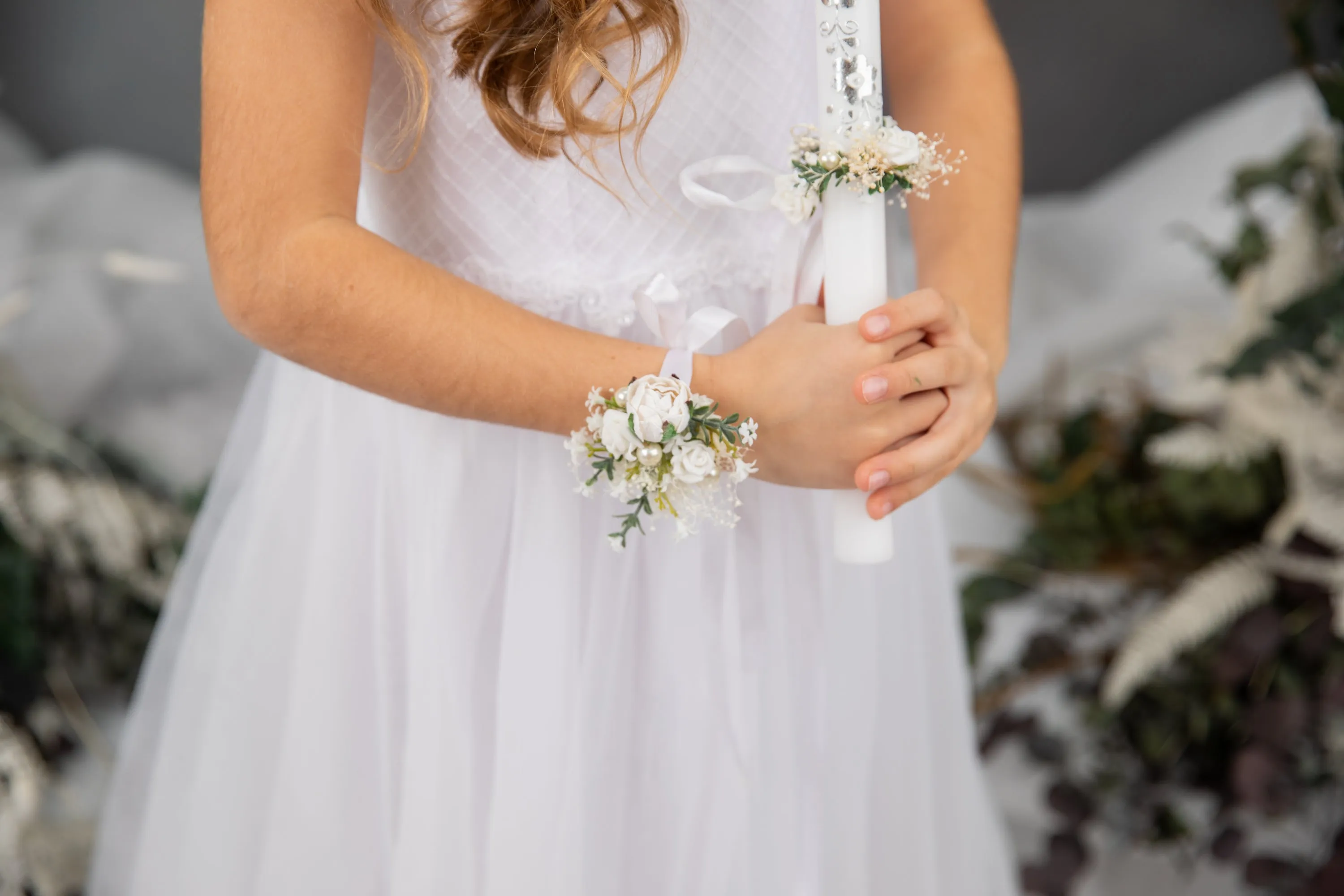 Holy communion flower set - headband, bracelet, candle decoration