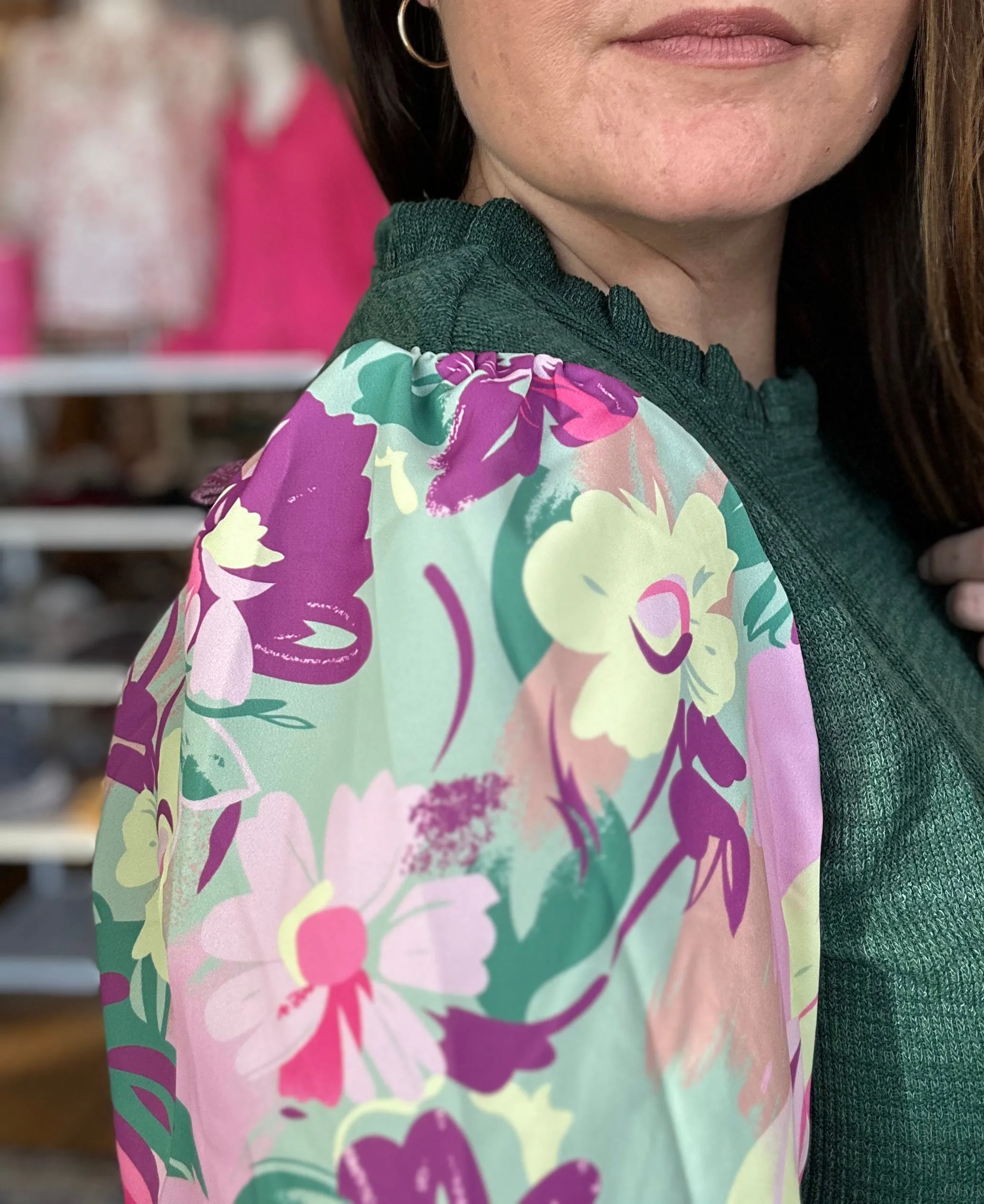 Hunter Green with Floral Sleeve Long Sleeve Top