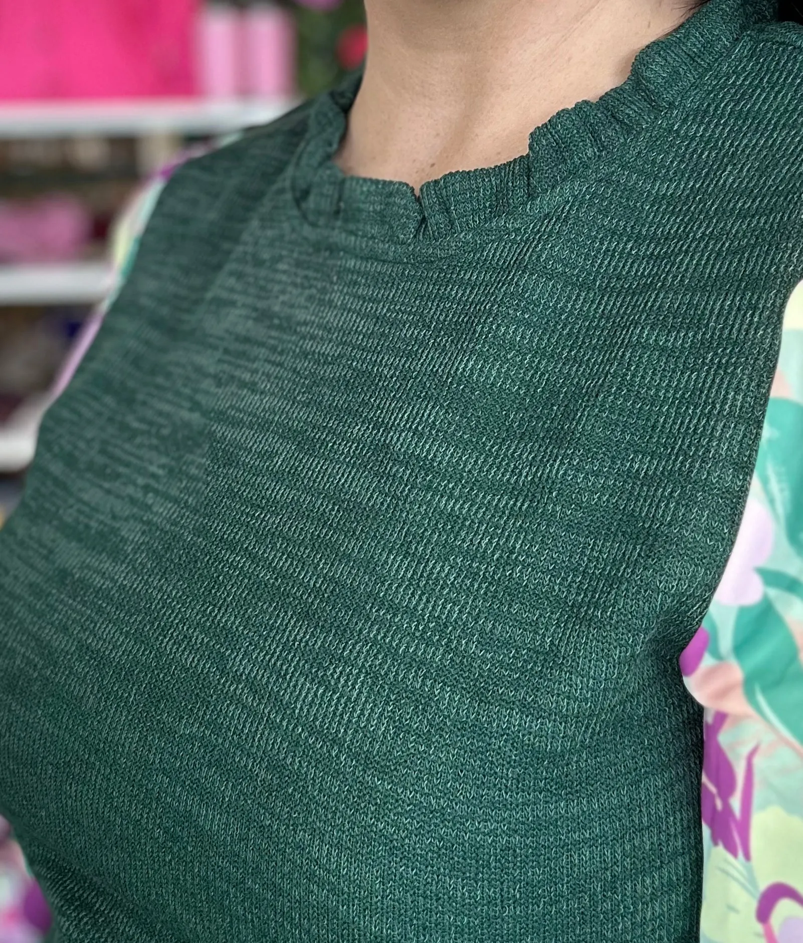 Hunter Green with Floral Sleeve Long Sleeve Top