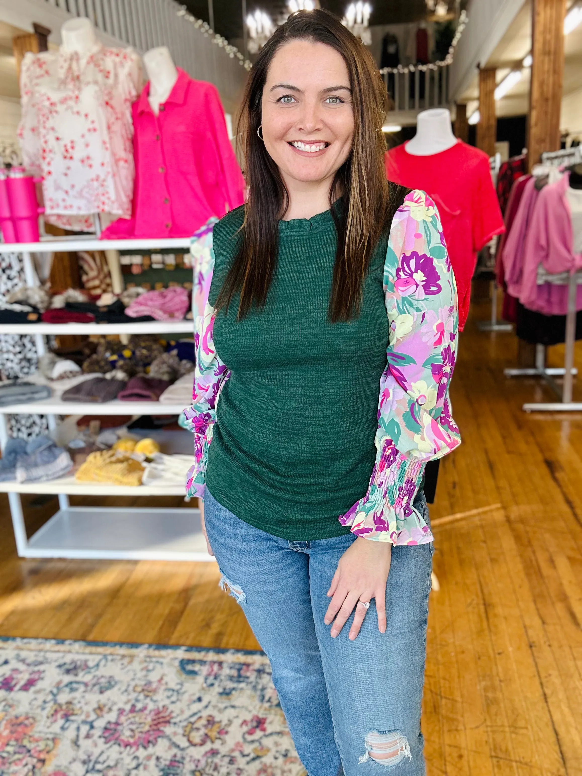 Hunter Green with Floral Sleeve Long Sleeve Top