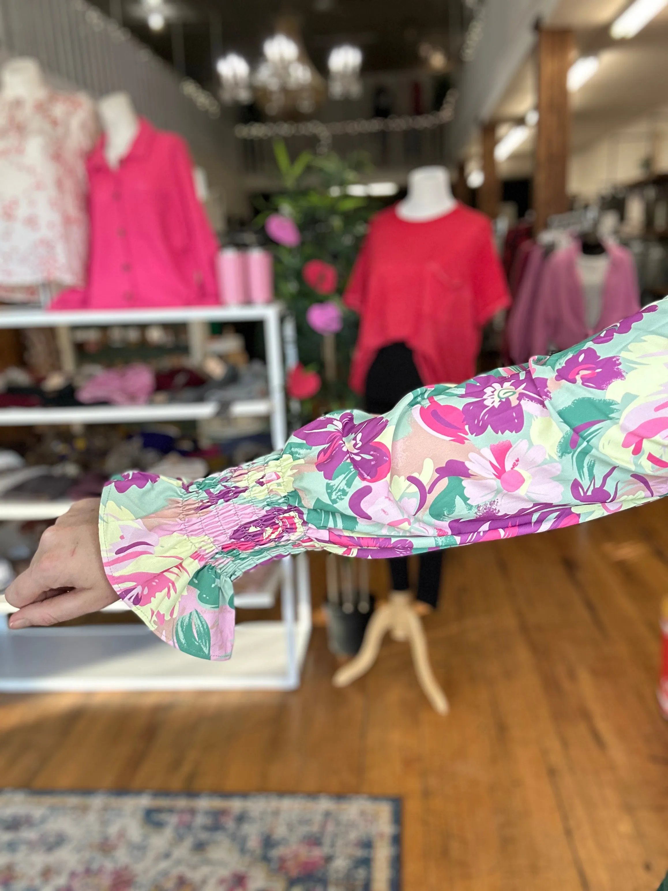 Hunter Green with Floral Sleeve Long Sleeve Top