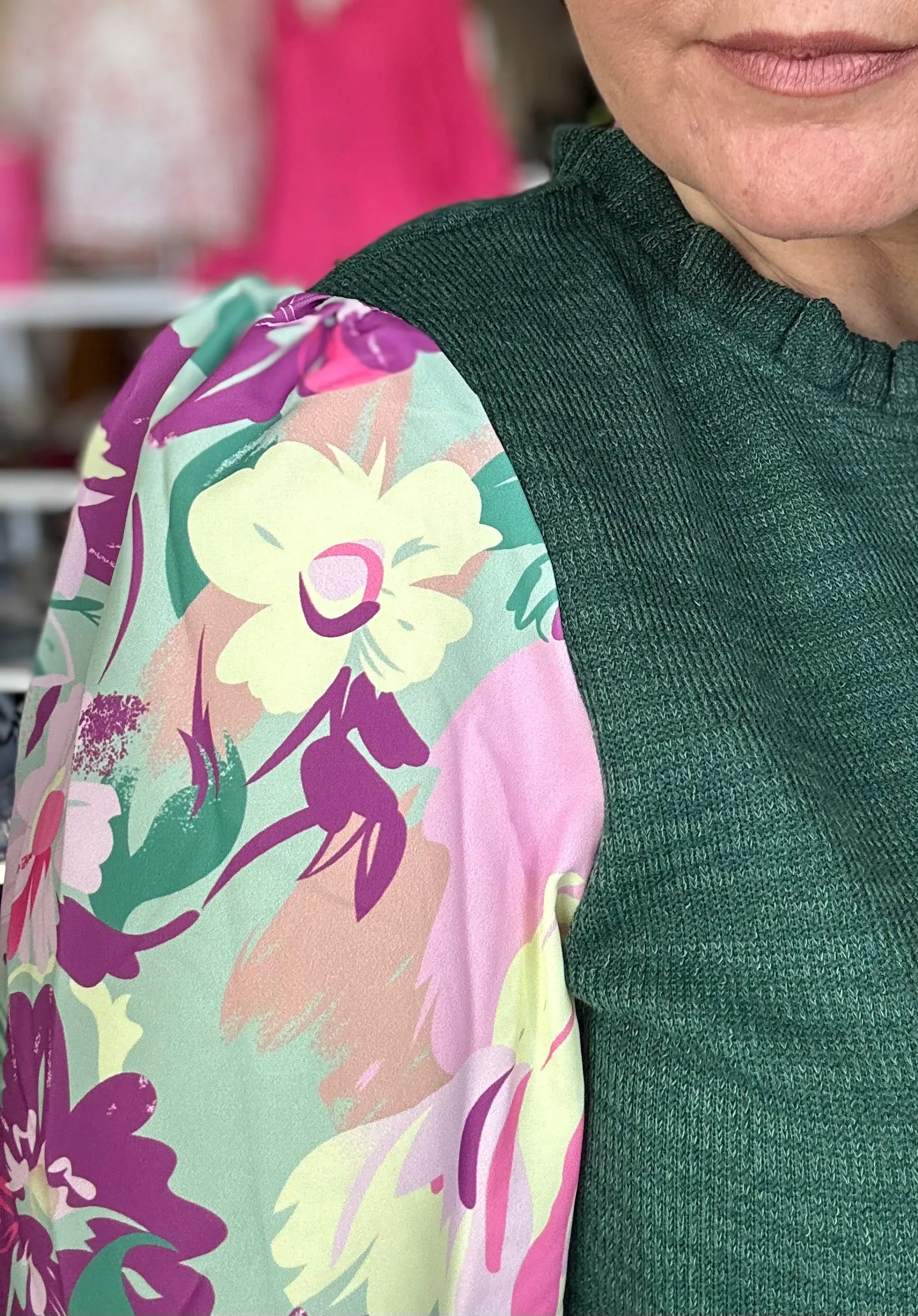 Hunter Green with Floral Sleeve Long Sleeve Top