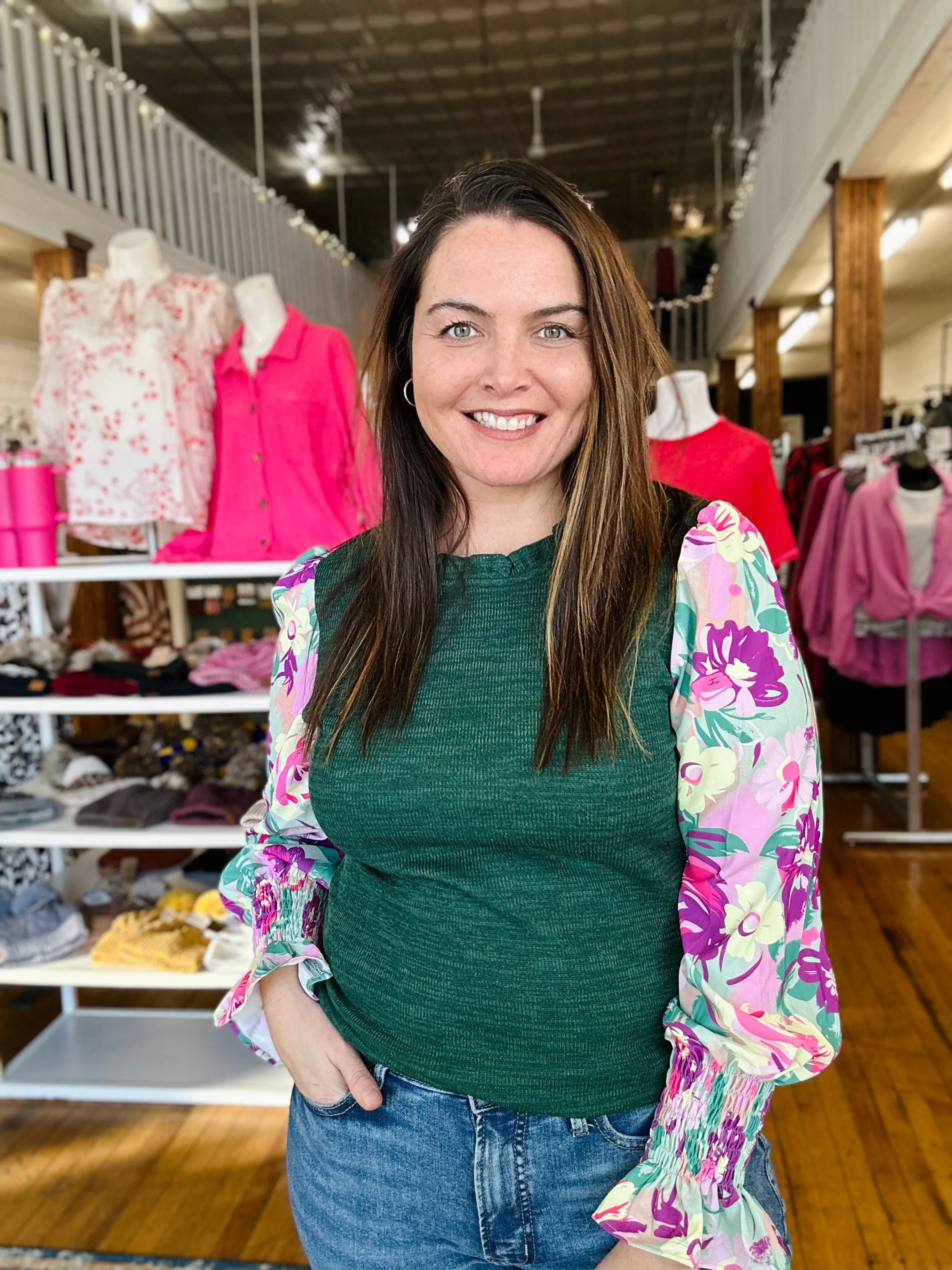 Hunter Green with Floral Sleeve Long Sleeve Top