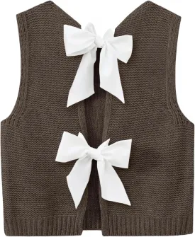 Imily Bela Womens Sweater Vest Top Summer Bow Tie Back Sleeveless Casual Knit Crop Tank Tops
