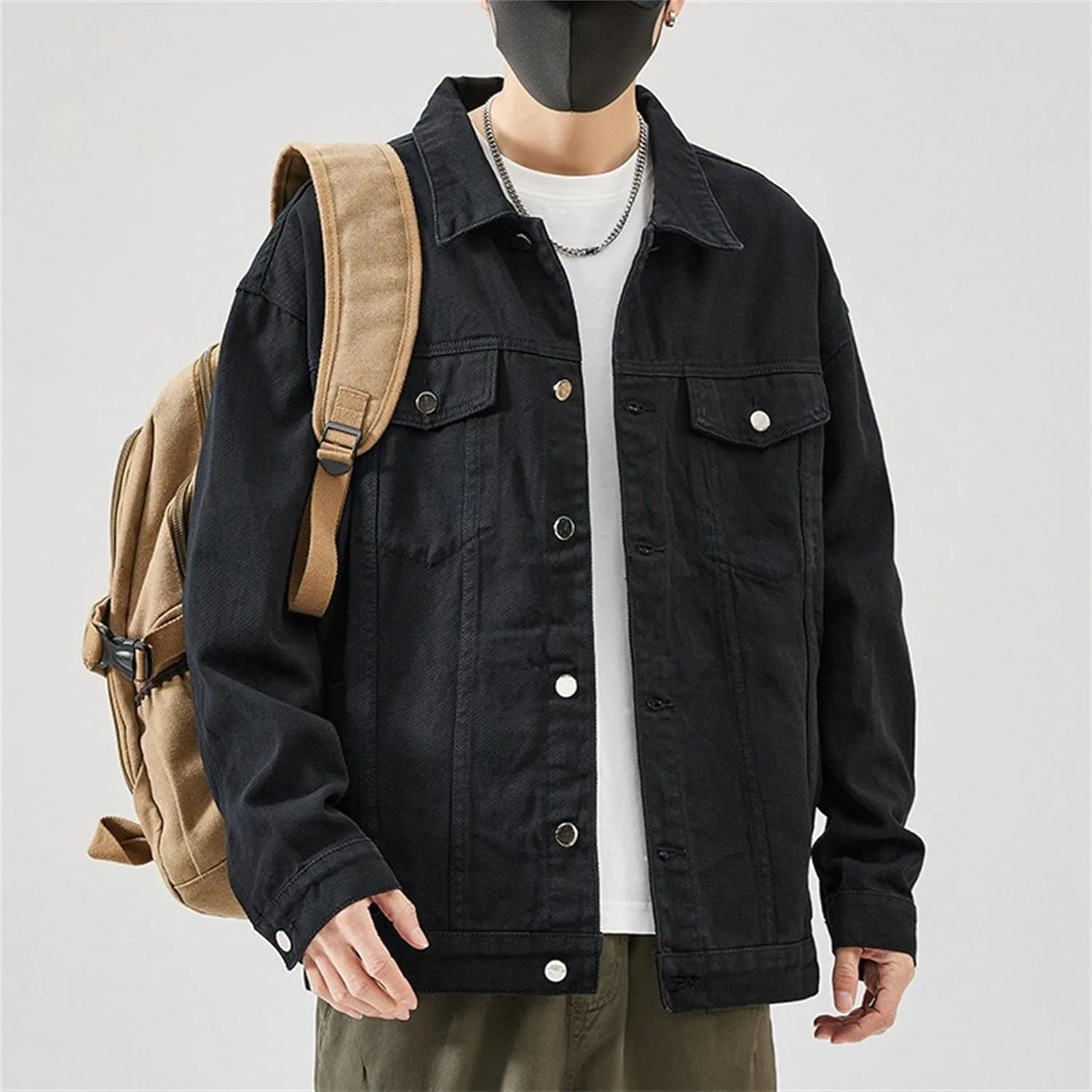 JEKE-DG Men's Stylish Loose Fit Casual Jeans Jacket Button Down Trucker Moto Denim Jacket Solid Lapel Comfort Jean Coat