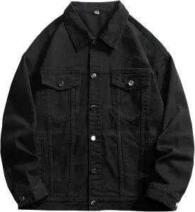 JEKE-DG Men's Stylish Loose Fit Casual Jeans Jacket Button Down Trucker Moto Denim Jacket Solid Lapel Comfort Jean Coat
