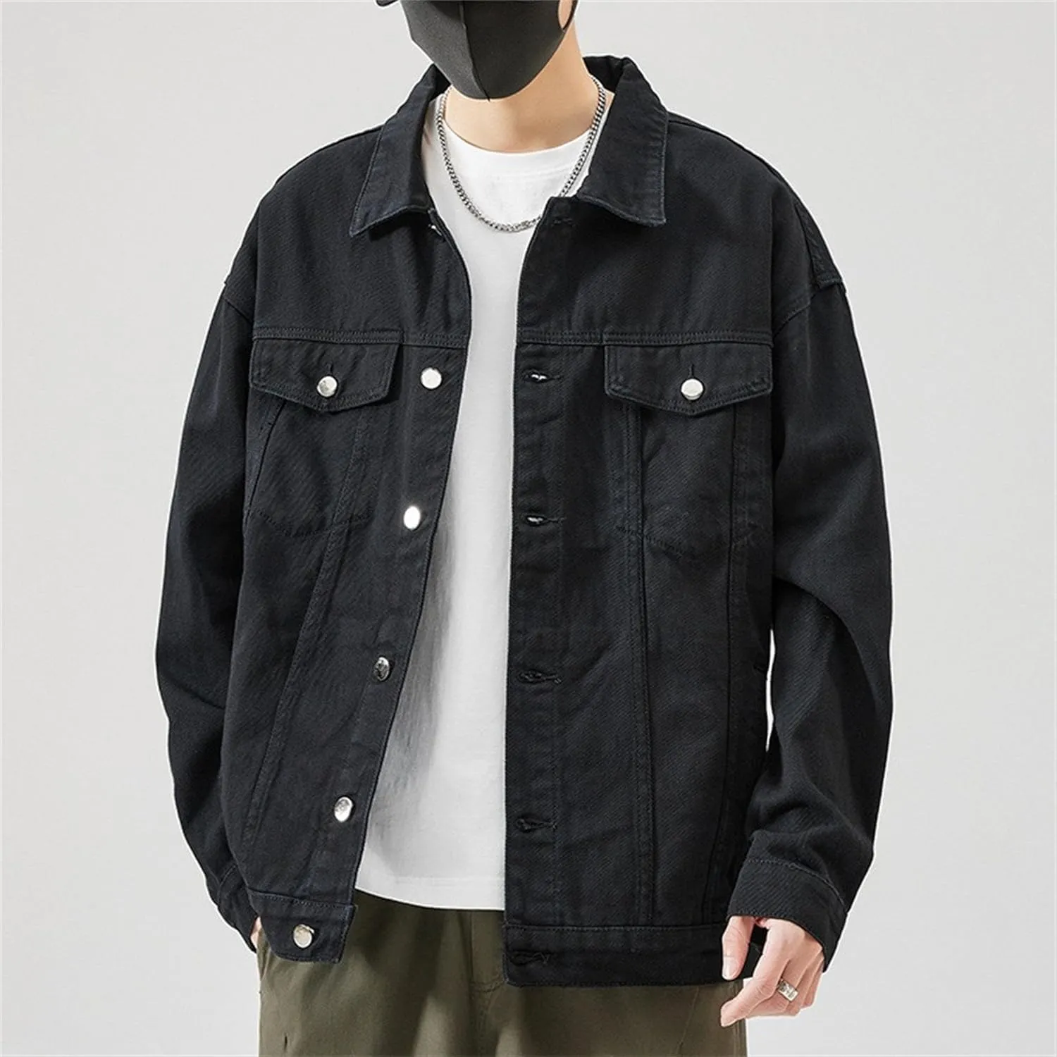 JEKE-DG Men's Stylish Loose Fit Casual Jeans Jacket Button Down Trucker Moto Denim Jacket Solid Lapel Comfort Jean Coat