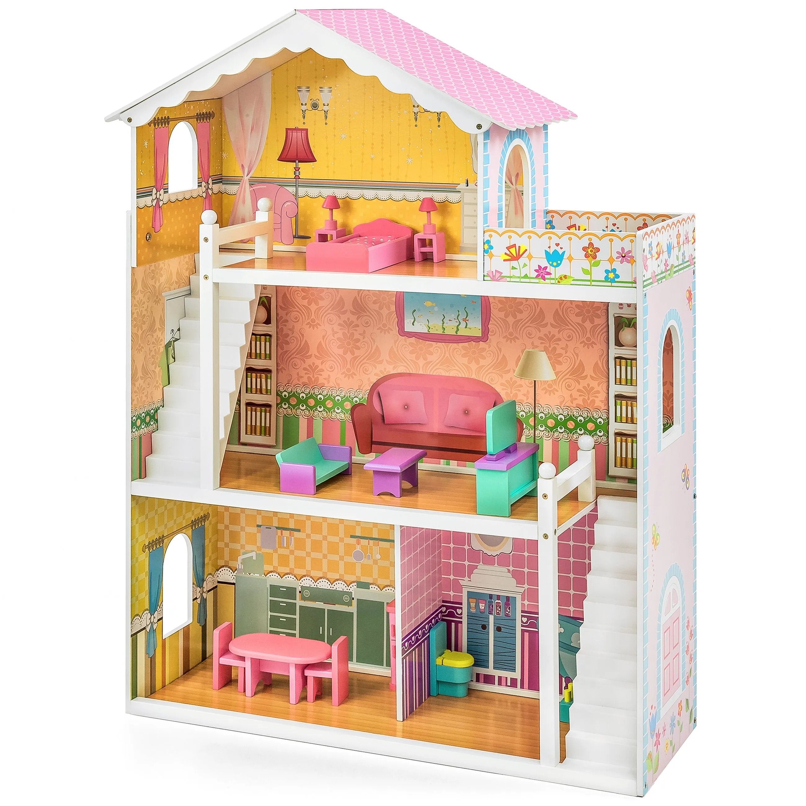 Kids 44in Height 3-Story Wooden Open Dollhouse Set w/ 5 Rooms, Accessories
