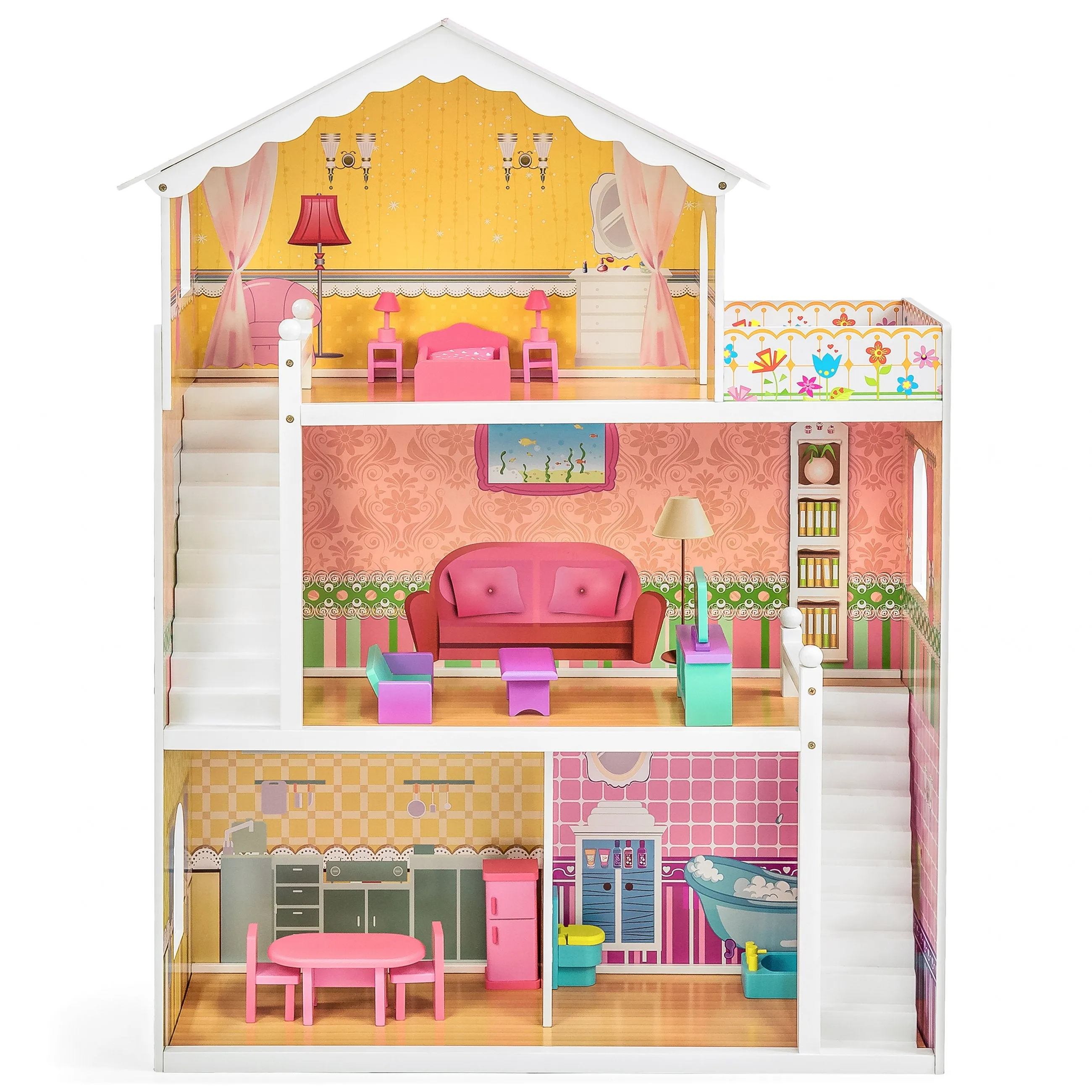 Kids 44in Height 3-Story Wooden Open Dollhouse Set w/ 5 Rooms, Accessories