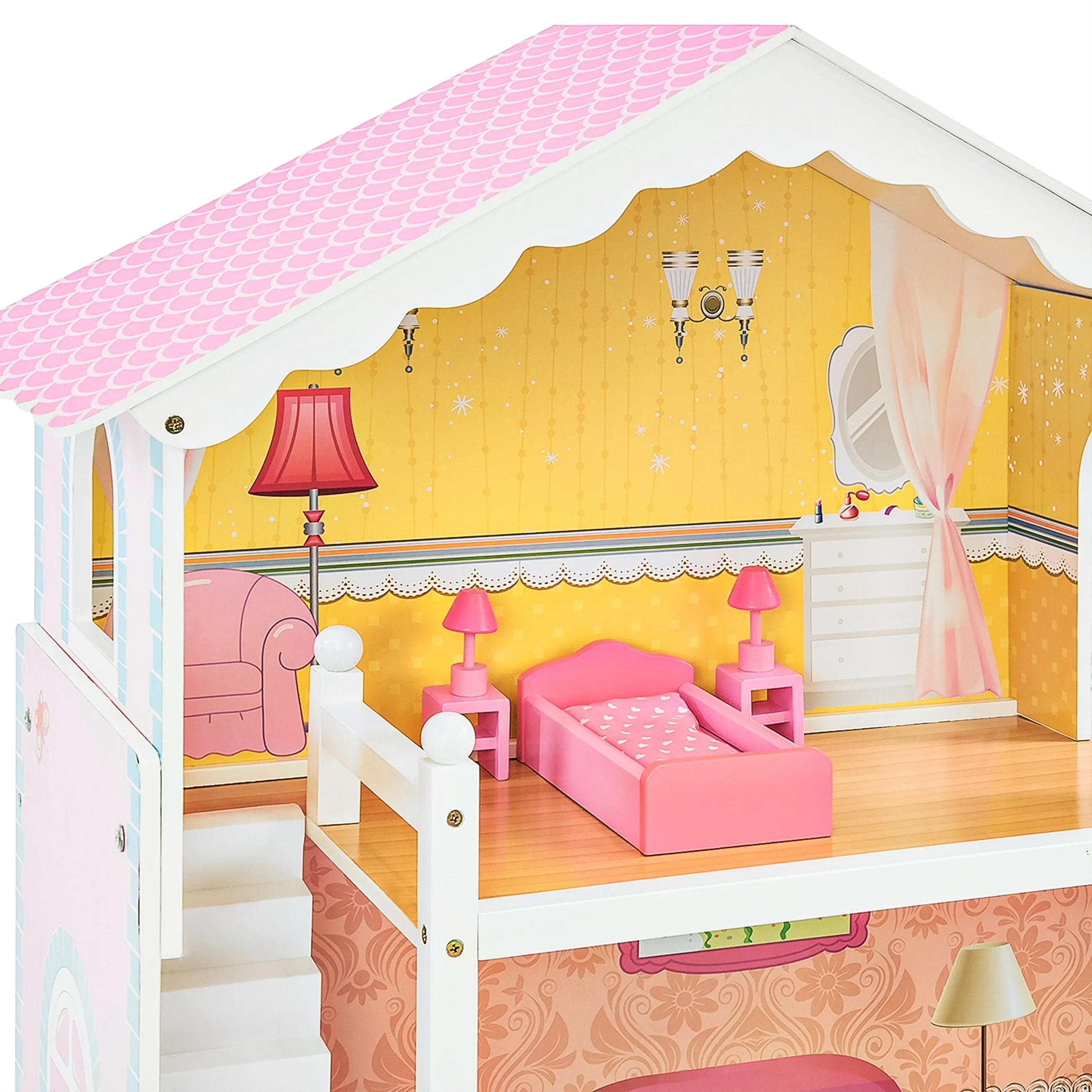 Kids 44in Height 3-Story Wooden Open Dollhouse Set w/ 5 Rooms, Accessories