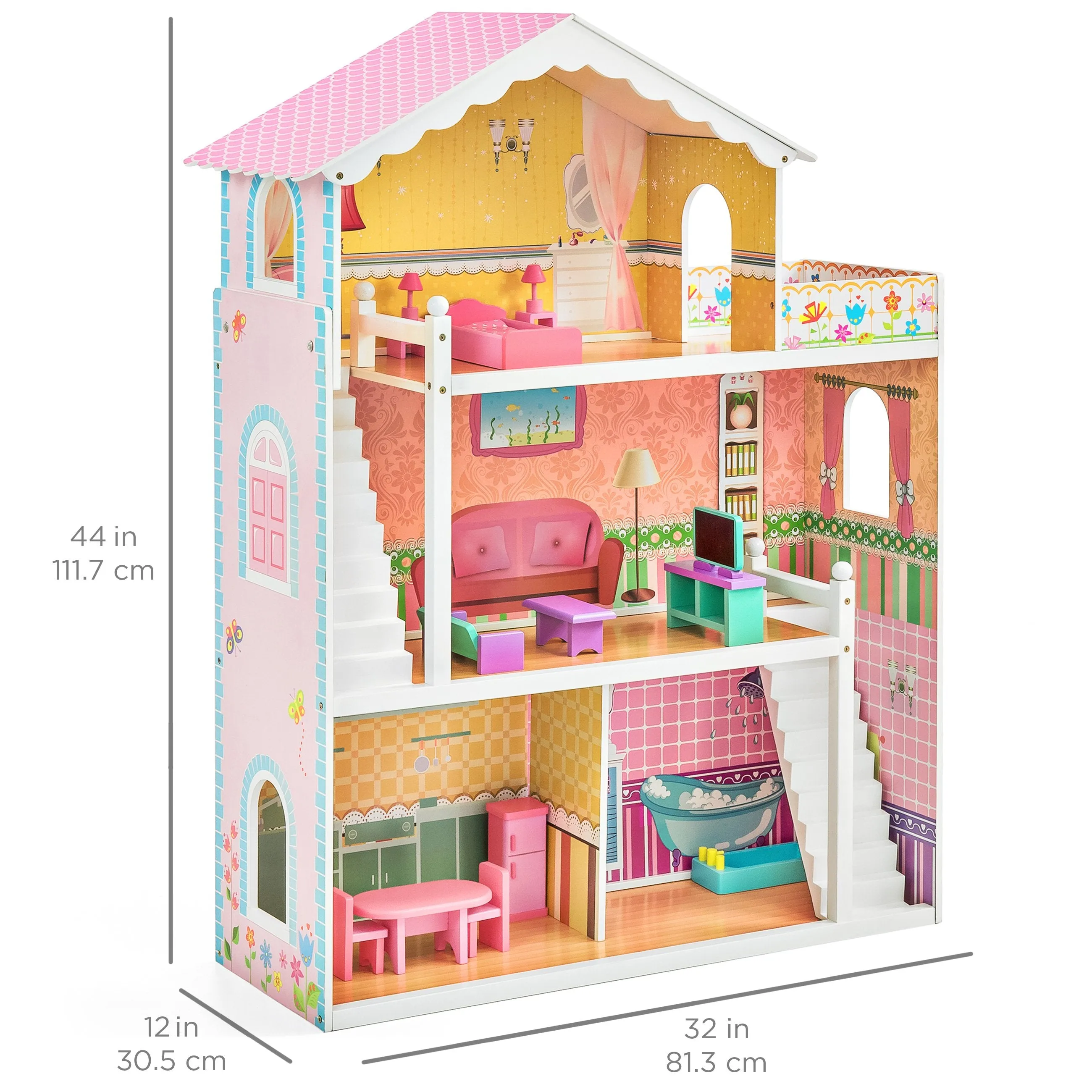 Kids 44in Height 3-Story Wooden Open Dollhouse Set w/ 5 Rooms, Accessories